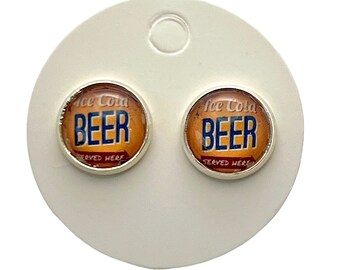 Vintage Beer Advertisement Glass Cabochon Mini Post 12mm Earrings