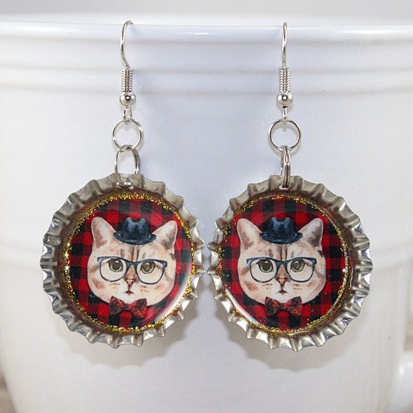 Christmas Cat, Holiday Jewelry, Buffalo Plaid,  Bottle Cap Earrings, Kitsch Jewelry, Cat Lover