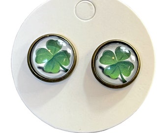 Shamrock Mini 12mm Glass Cabochon Good Luck  Post Earrings St. Patrick’s Day