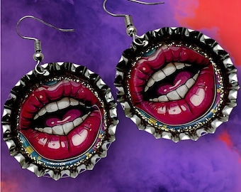 Pop Art Lips Repurposed Upcycled Bottle Cap Earrings