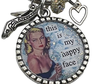 Vintage 1950s Lady, Happy Face, Gift for Her, Bag Purse Charm