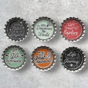 Travel Adventure Quotes Upcycled Repurposed Bottle Cap Magnet Set, Kitsch Home Decor Gift Idea