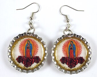 Virgen de Guadalupe Earrings, Bottle Cap Earrings, Mexican Earrings, Religious Jewelry