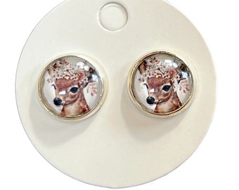 Boho Deer Glass Cabochon Mini Post 12mm Earrings