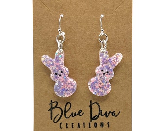 Spring Bunny Glitter Resin Earrings, Easter Jewelry, Pastel Purple and Pink Glitter