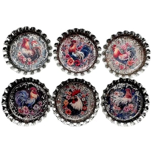 Elegant Floral Chickens & Roosters Farmhouse Set of 6 Upcycled Bottle Cap Magnets image 1