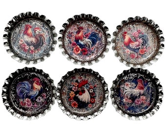 Elegant Floral Chickens & Roosters Farmhouse Set of 6 Upcycled Bottle Cap Magnets