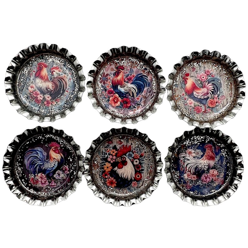 Elegant Floral Chickens & Roosters Farmhouse Set of 6 Upcycled Bottle Cap Magnets image 1