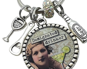 Vintage Drinking Lady Designated Drinker Keychain, Gift for Her, Bag Purse Charm