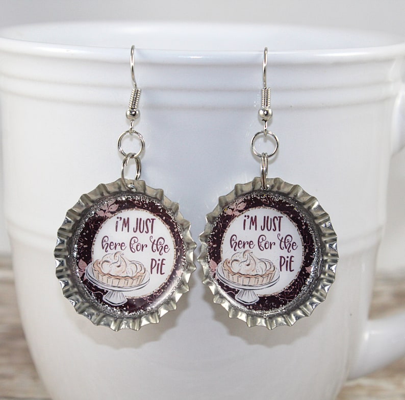 Pumpkin Pie Kitsch Jewelry Here for the Pie Bottle Cap Earrings Funny Gift Thanksgiving Earrings Fall Jewelry