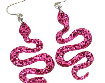 Berry Pink Glitter Resin Large 2” Snake Dangle Earrings