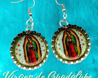 Virgen de Guadalupe Bottle Cap Earrings, Mexican Religious Jewelry