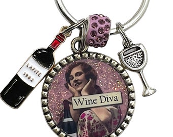 Wine Diva Vintage Drinking Lady Keychain, Gift for Her, Bag Purse Charm