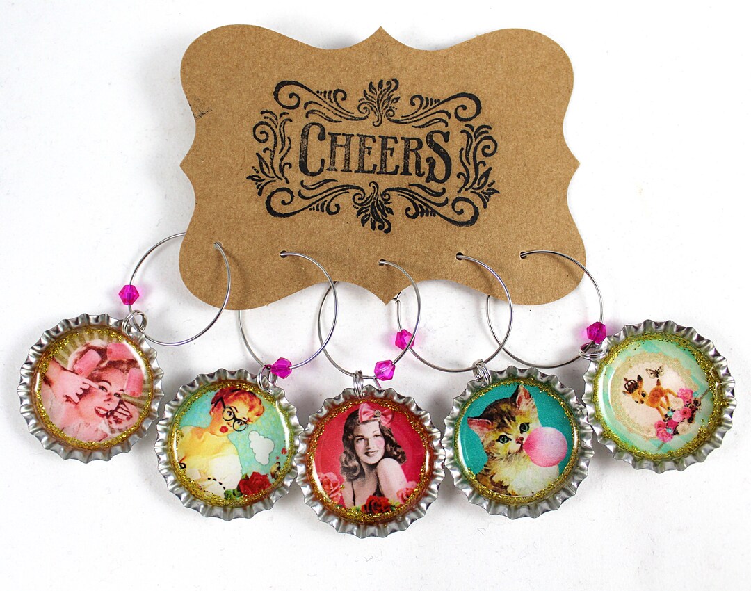 Retro Wine Charms, Drink Charms, Party Favors, Bottle Cap Charms, Wine