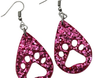 Medium Berry Pink Glitter Dog Paw Pet Lover Teardrop Dangle Resin Earrings