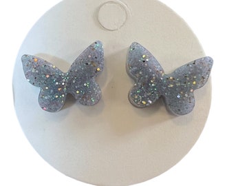 Butterfly Silver Holographic Glitter Resin Stud Earrings