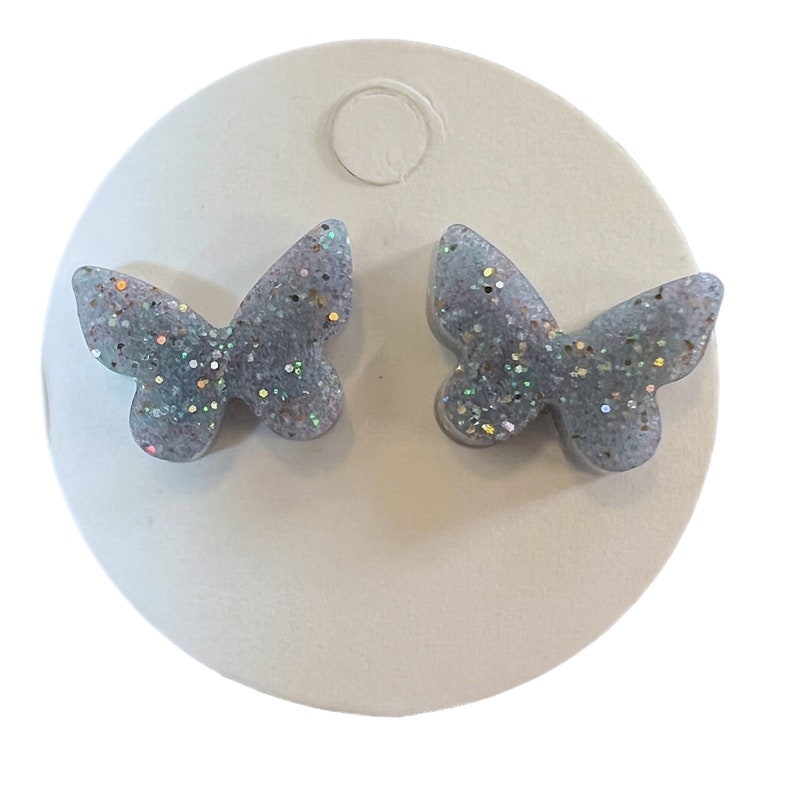 Butterfly Silver Holographic Glitter Resin Stud Earrings image 1