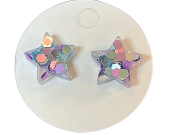 Silver Chunky Iridescent Glitter Star 13mm Mini Stud Earrings