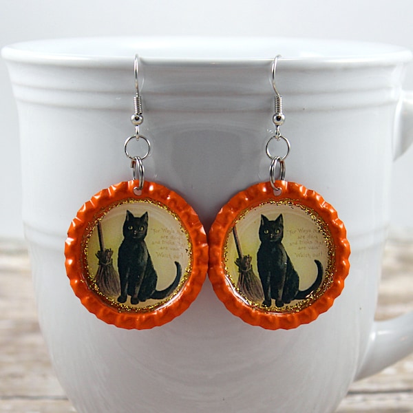 Black Cat, Bottle Cap Earrings, Vintage Halloween, Witch Cat, Animal Lover, cat Jewelry