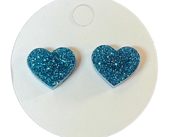 Teal Glitter 13mm Heart Mini Stud Earrings