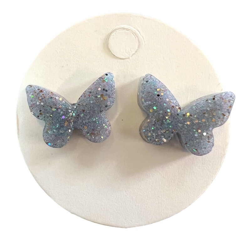 Butterfly Silver Holographic Glitter Resin Stud Earrings image 5
