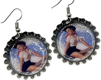 Retro Cowgirl Earrings,  Vintage Cowgirl, Western Jewelry, Cowgirl Pinup, Bottle Cap Earrings