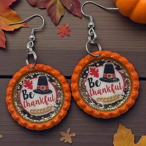 Be Thankful Thanksgiving Earrings – Orange Bottle Cap Earrings, Fall Pilgrim Hat Jewelry, Autumn Leaf Glitter Resin Earrings Gift