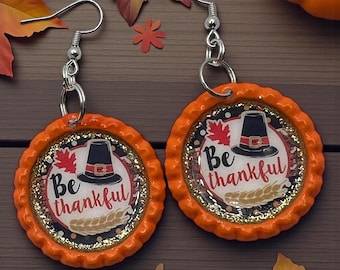 Be Thankful Thanksgiving Earrings – Orange Bottle Cap Earrings, Fall Pilgrim Hat Jewelry, Autumn Leaf Glitter Resin Earrings Gift