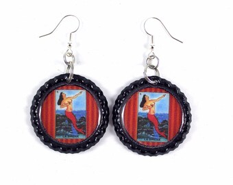 La Sirena Earrings, Mermaid Jewelry, Loteria Earrings, Mexican Jewelry, Bottle Cap Earrings, Stocking Stuffer, Gift for Her