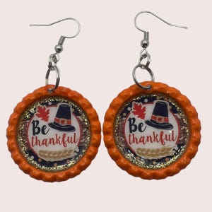 Be Thankful Thanksgiving Earrings – Orange Bottle Cap Earrings, Fall Pilgrim Hat Jewelry, Autumn Leaf Glitter Resin Earrings Gift image 9