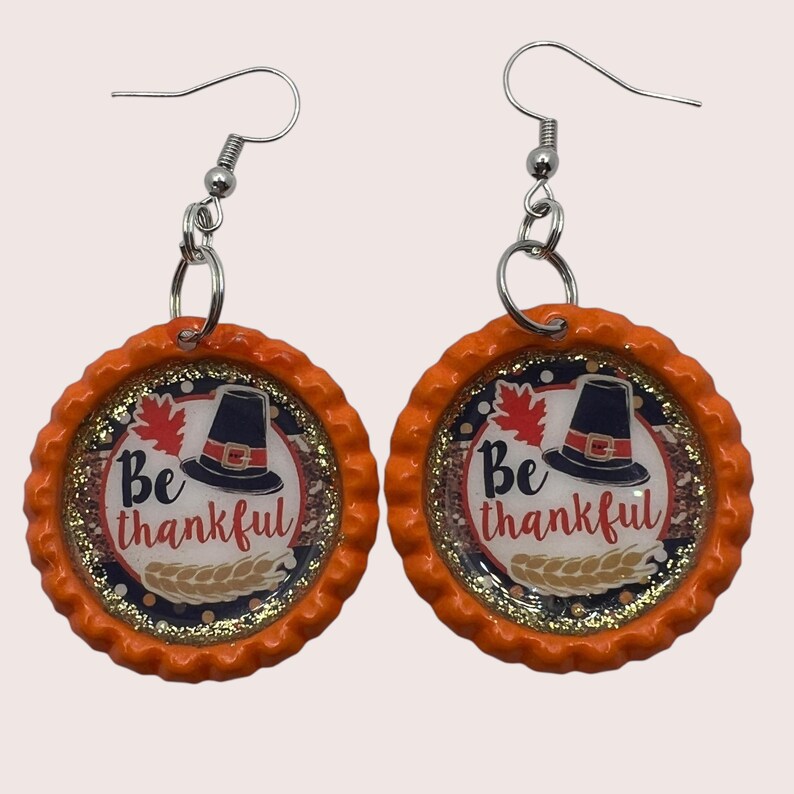 Be Thankful Thanksgiving Earrings – Orange Bottle Cap Earrings, Fall Pilgrim Hat Jewelry, Autumn Leaf Glitter Resin Earrings Gift image 9