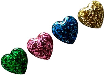 Set of Four Large  1” Glitter Resin Heart Magnets