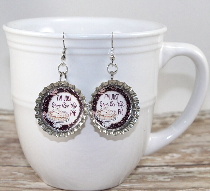 Pumpkin Pie Kitsch Jewelry Here for the Pie Bottle Cap Earrings Funny Gift Thanksgiving Earrings Fall Jewelry