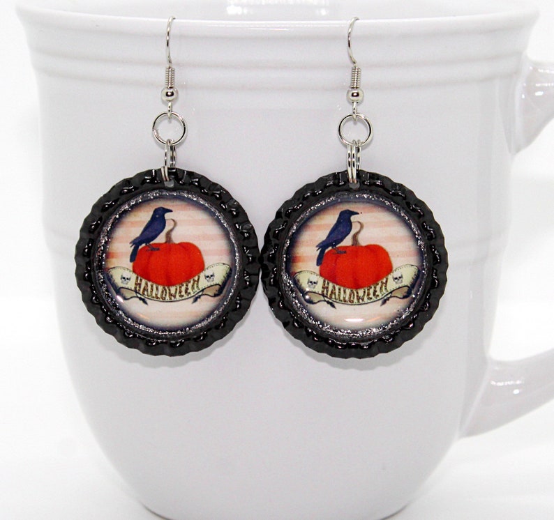 Macabre Accessories Halloween Earrings Bottle Cap Earrings Pumpkin Jewelry Black Crow