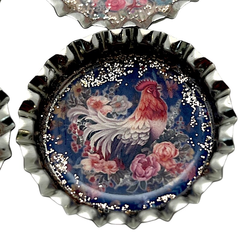 Elegant Floral Chickens & Roosters Farmhouse Set of 6 Upcycled Bottle Cap Magnets image 2