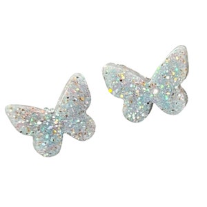 Butterfly Silver Holographic Glitter Resin Stud Earrings image 3