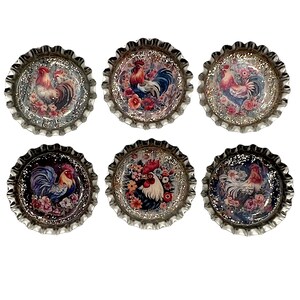 Elegant Floral Chickens & Roosters Farmhouse Set of 6 Upcycled Bottle Cap Magnets image 7