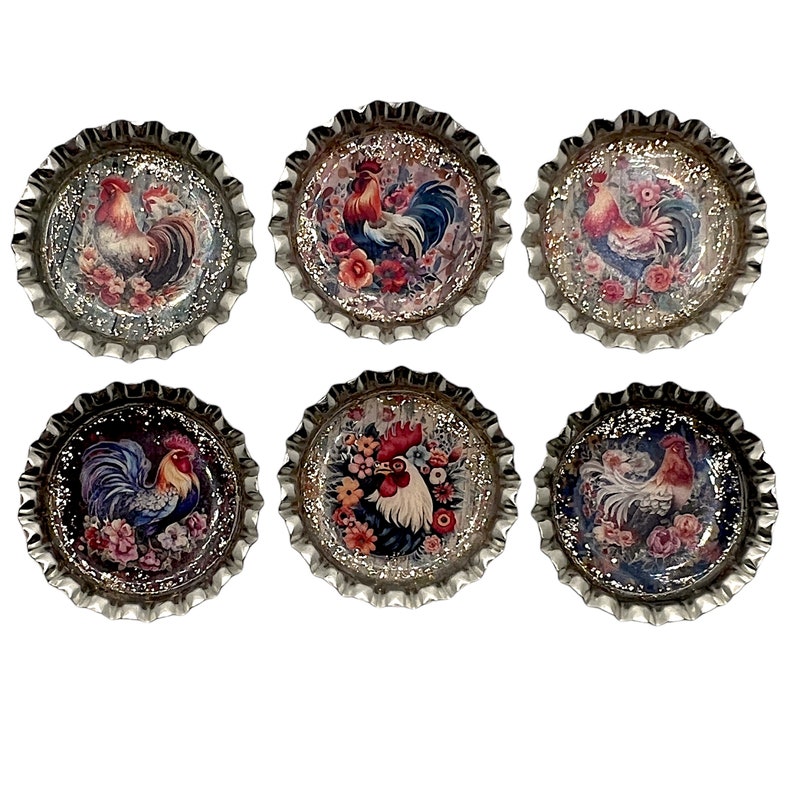 Elegant Floral Chickens & Roosters Farmhouse Set of 6 Upcycled Bottle Cap Magnets image 7