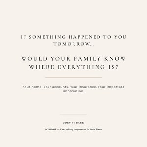 May include: A document cover with a cream background and black text that reads: IF SOMETHING HAPPENED TO YOU TOMORROW... WOULD YOUR FAMILY KNOW WHERE EVERYTHING IS? Your home. Your accounts. Your insurance. Your important information. JUST IN CASE MY HOME — Everything Important in One Place.