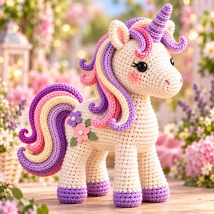 Puede incluir: Un unicornio de ganchillo color crema con un cuerno en espiral, una crin y una cola multicolores en tonos violeta, rosa y amarillo, y dos pequeñas flores de tela con perlas en el centro en el costado, apoyado sobre cuatro cascos violetas.