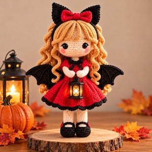 May include: A crocheted doll with long blonde curly hair, wearing a black headband with a red bow, a red dress with black trim, and black bat wings. The doll holds a small black lantern and wears black shoes with red buttons on its feet.
