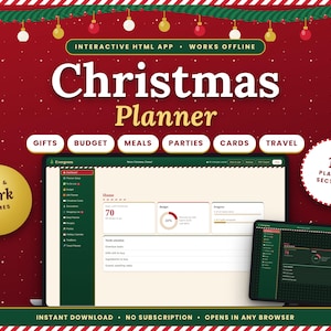 May include: An interactive HTML Christmas Planner app featuring 14 sections including gifts, budget, meals, parties, cards, and travel. The interface displays light and dark themes on a screen with a red background decorated with hanging ornaments.