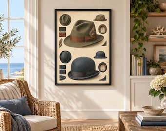 Fedora och Bowler: Utskrivbar väggkonst i vintagestil, digital nedladdning