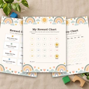 ボヘミアンレインボートイレトレーニングチャートセット、中性的な幼児用ご褒美チャート、印刷可能なステッカーと行動チャート、PDF即時ダウンロード