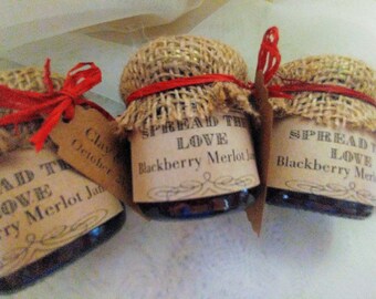 Rustic Jam Favors/Spread The Love/ Burlap Toppers and Custom Tag Favors/1.5 Oz