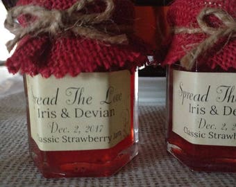 Holiday Party Jam Favors / 50 Jam Favors/2 oz Size each/ Burlap or Heart fabric toppers/Personalized Label /Your Flavor Choice/Free Shipping