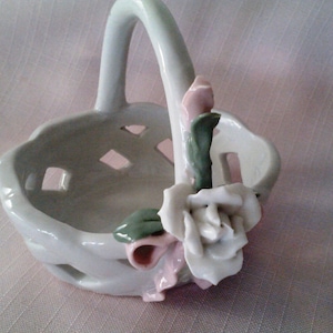 White Porcelain Basket/ Wedding Ring Basket/ Flower Girl/ Vintage Pink Wedding/ FREE Shipping/Shabby Chic Decor image 1