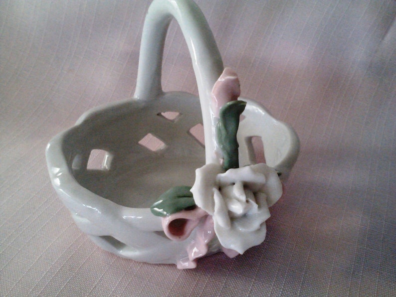 White Porcelain Basket/ Wedding Ring Basket/ Flower Girl/ Vintage Pink Wedding/ FREE Shipping/Shabby Chic Decor image 1