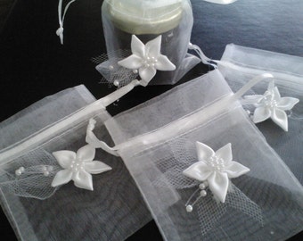 White Favor Bags/White Pearl Wedding/ First Communion Favor/ Flower Embellished White Organza Bag/FREE Shipping