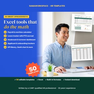 HR Excel Templates Bundle, 50 Spreadsheets, Leave Tracker, Payroll Calculator, HR Dashboard, Employee Database, KPI Tracker
